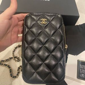 Chanel Quilted WOC Phone Holder Black Caviar with Gold Hardware